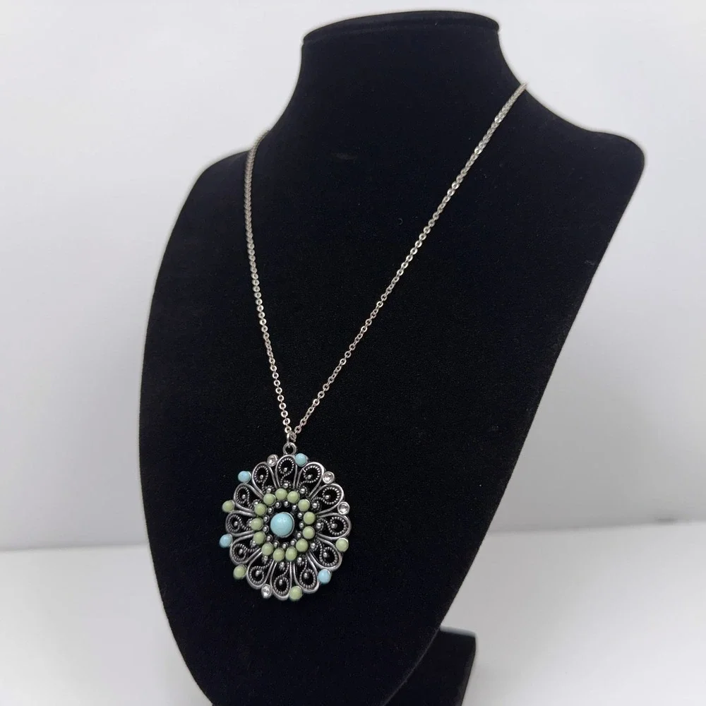 Round Bead Filigree Pendant and Necklace Turquoise Green Acrylic Beads Jewelry